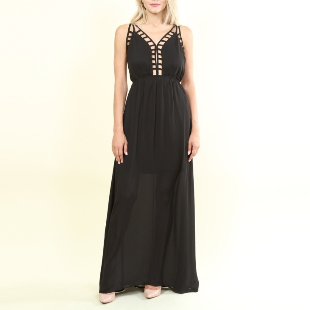Last 1 - Black Maxi Dress With Semi Sheer Skirt - Picture 4 of 6